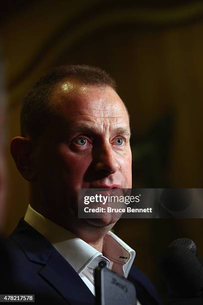 General Manager Brad Treliving of the Calgary Flames of the meets with the media following the NHL General managers Meetings at the Bellagio Las...