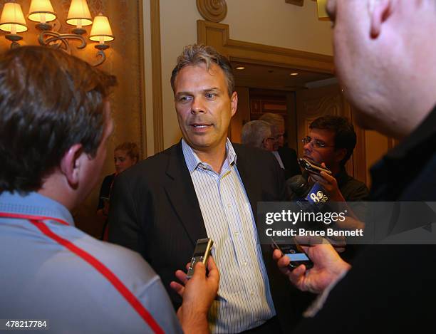 Winnipeg Jets general manager Kevin Cheveldayoff meets with the media following the NHL general managers meetings at the Bellagio Las Vegas on June...