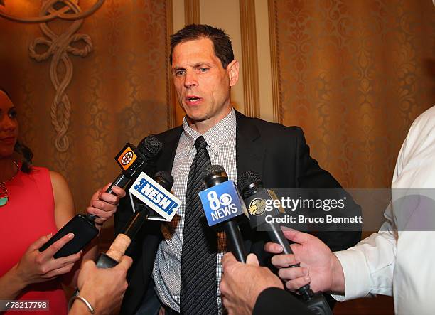 Boston Bruins General Manager Don Sweeney meets with the media following the NHL general managers meetings at the Bellagio Las Vegas on June 23, 2015...