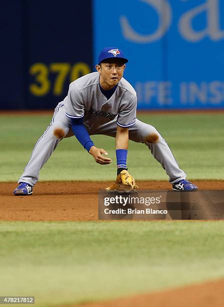 Second baseman Munenori Kawasaki of the Toronto Blue Jays covers his base during the eighth inning of a game Tampa Bay Rays on June 23, 2015 at...