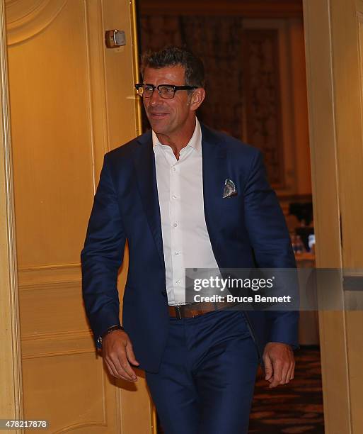 General manager Marc Bergevin of the Montreal Canadiens leaves the NHL general managers meetings at the Bellagio Las Vegas on June 23, 2015 in Las...