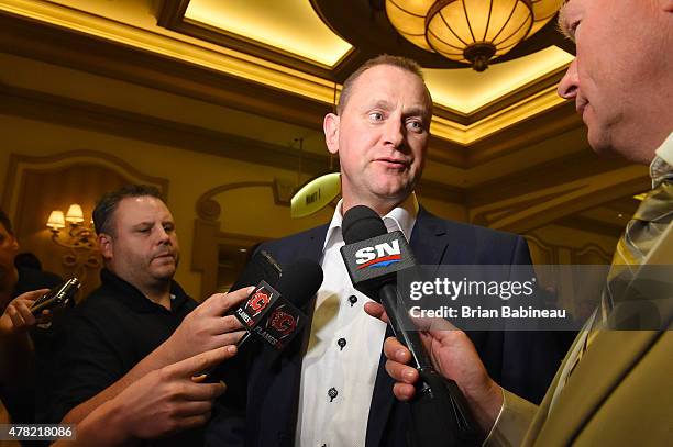 General Manager Brad Treliving of the Calgary Flames of the meets with the media following the NHL General managers Meetings at the Bellagio Las...