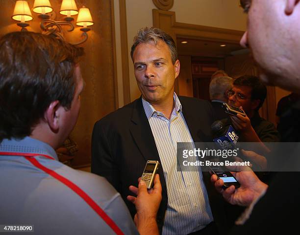 Winnipeg Jets general manager Kevin Cheveldayoff meets with the media following the NHL general managers meetings at the Bellagio Las Vegas on June...