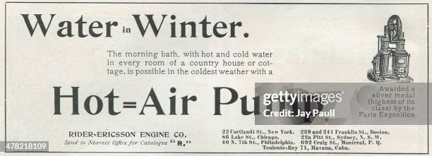 Advertisement for a hot air water pump by the Rider-Ericsson Engine Company, New York, 1900.