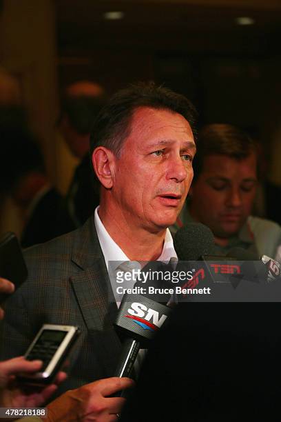 General manager Ken Holland of the Detroit Red Wings speaks with the media following the NHL general managers meetings at the Bellagio Las Vegas on...