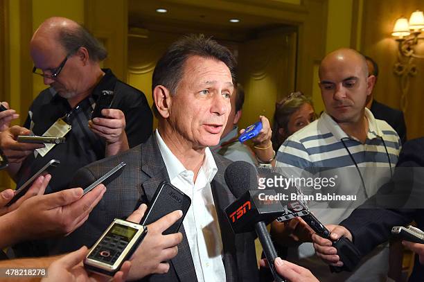 Detroit Red Wings general manager Ken Holland meets with the media following the NHL general managers meetings at the Bellagio Las Vegas on June 23,...