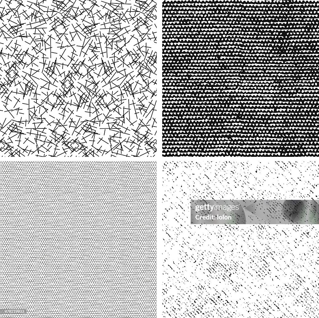 Four seamless black and white fabric patterns