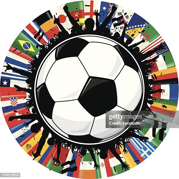 サッカーボール、喜びのファン、サークルの旗 - スポーツ観戦　日本点のイラスト素材／クリップアート素材／マンガ素材／アイコン素材