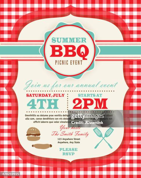 family picnic and bbq invitation design template on checkered tablecloth - family at a picnic stock illustrations