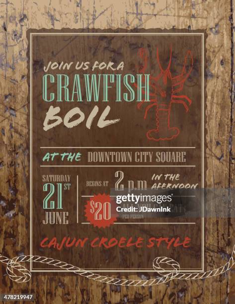 crawfish boil invitation design template on rustic wooden background - cajun food stock illustrations