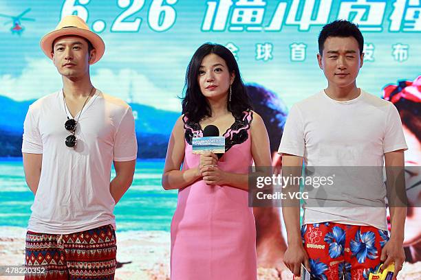 Actor Huang Xiaoming, actress Vicki Zhao and actor Tong Dawei attend a sunny beach themed press conference for the new movie "Hollywood Adventures"...