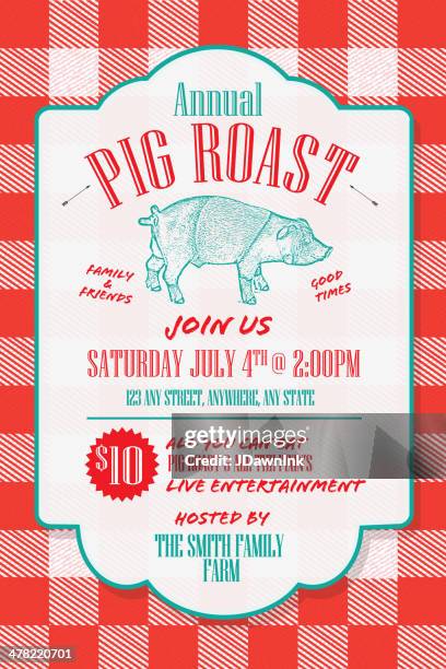 stockillustraties, clipart, cartoons en iconen met bbq tablecloth pig roast picnic invitation design template - year of the pig