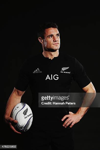 Daniel Carter of the All Blacks poses for a photo during the New Zealand All Blacks portrait session at The Spencer on Byron Hotel on June 24, 2015...