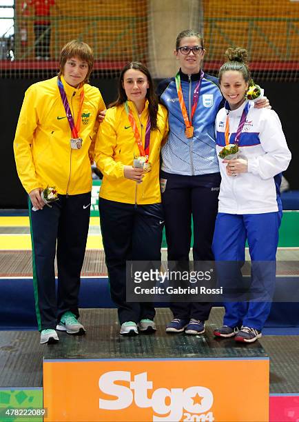 Elora Ugo of Brazil, Karina Lakerbai of Brazil, Belen Perez Maurice of Argentina and Eileen Grench of Panama in the podium of Women's sabre as part...