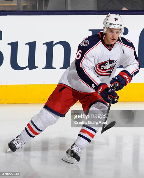 Corey Tropp of the Columbus Blue Jackets skates during warm up prior to NHL game action against the Toronto Maple Leafs March 3, 2014 at the Air...