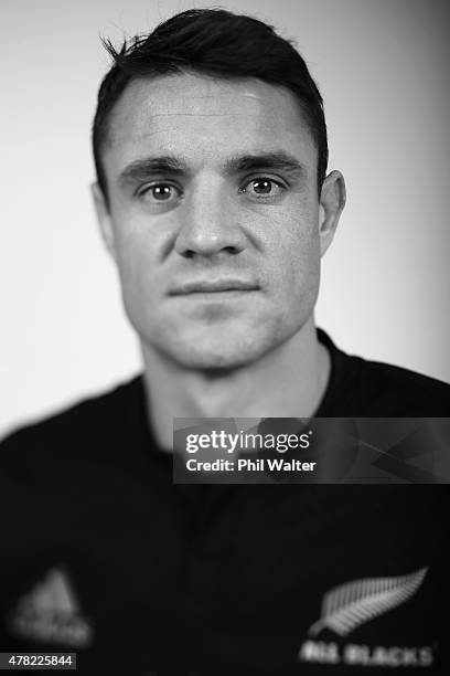 Dan Carter of the All Blacks poses during the New Zealand All Blacks portrait session at The Spencer on Byron Hotel on June 24, 2015 in Auckland, New...