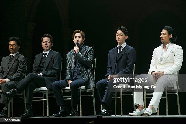 Of South Korean boy band B1A4, Jo Kwon of South Korean boy band 2AM and Shin Sung-Woo attend the press call Musical "CHESS" on June 23, 2015 in...