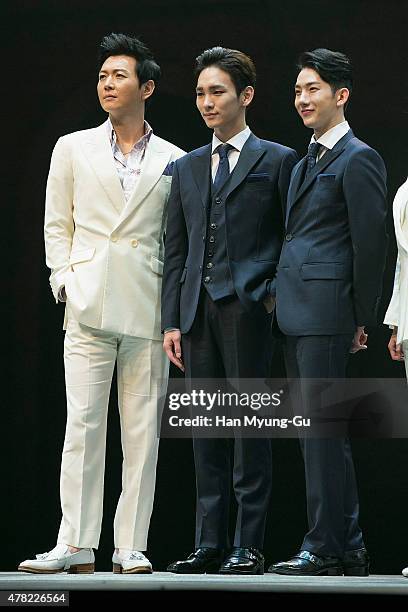 Actors Lee Gun-Myung, Key of South Korean boy band SHINee and Jo Kwon of South Korean boy band 2AM attend the press call Musical "CHESS" on June 23,...