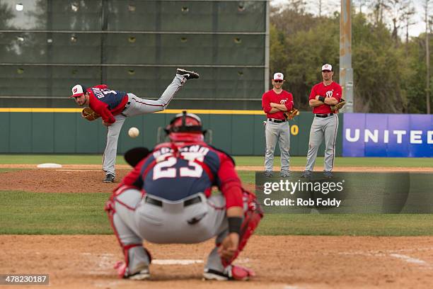 Tyler Moore and Mike Fontenot of the Washington Nationals look on as Jerry Blevins throws a warmup pitch to Jhonatan Solano during the spring...