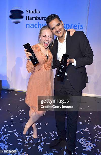 Elisa Schlott and Yasin El Harrouk pose with their awards during the Studio Hamburg Nachwuchspreis 2015 at Thalia Theater on June 23, 2015 in...