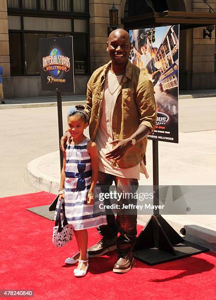 Actor Tyrese Gibson and daughter Shayla Gibson attend the 'Fast & Furious - Supercharged' ride premiere at Universal Studios Hollywood on June 23,...