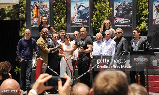 Actors Tyrese Gibson, Michelle Rodriguez, Jason Statham, Vin Diesel and NBCUniversal Vice Chairman Ron Meyer attend the 'Fast & Furious -...