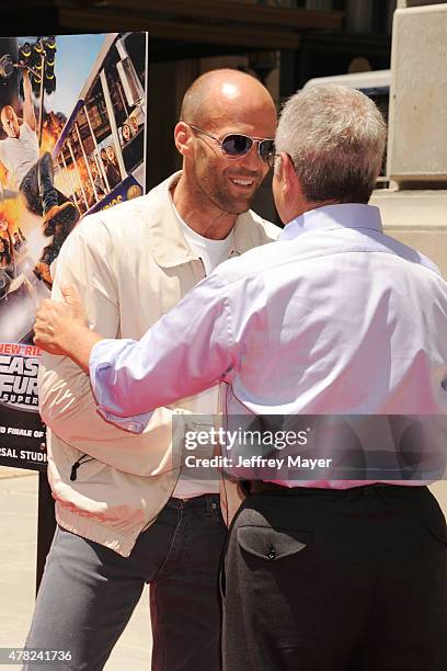 Actor Jason Statham and NBCUniversal Vice Chairman Ron Meyer attend the 'Fast & Furious - Supercharged' ride premiere at Universal Studios Hollywood...