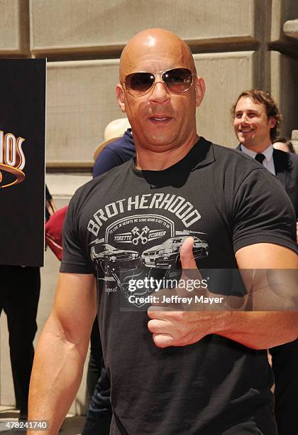 Actor Vin Diesel attends the 'Fast & Furious - Supercharged' ride premiere at Universal Studios Hollywood on June 23, 2015 in Universal City,...