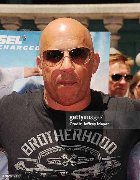 Actor Vin Diesel attends the 'Fast & Furious - Supercharged' ride premiere at Universal Studios Hollywood on June 23, 2015 in Universal City,...