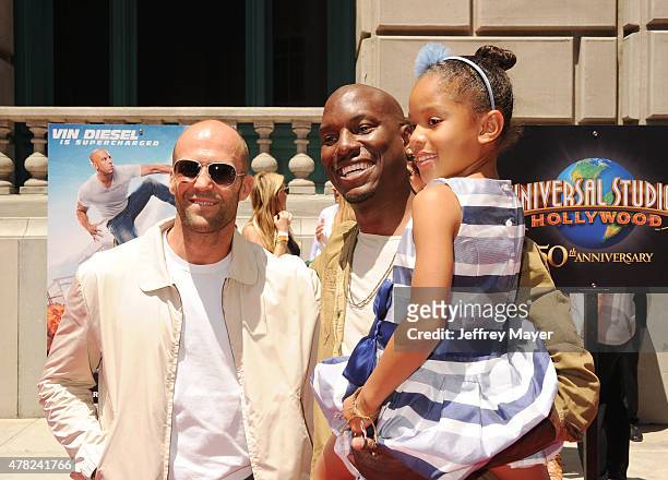 Actors Jason Statham, Tyrese Gibson and daughter Shayla Gibson attend the 'Fast & Furious - Supercharged' ride premiere at Universal Studios...