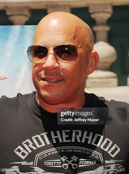 Actor Vin Diesel attends the 'Fast & Furious - Supercharged' ride premiere at Universal Studios Hollywood on June 23, 2015 in Universal City,...