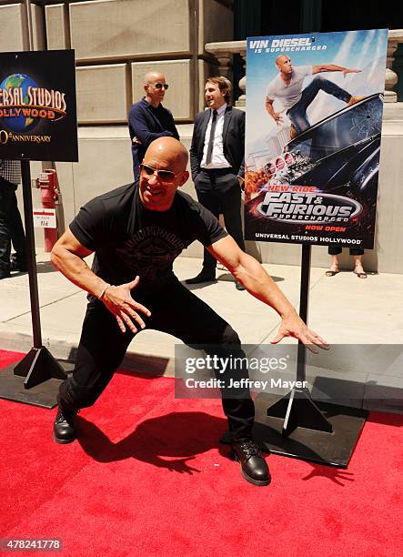 Actor Vin Diesel attends the 'Fast & Furious - Supercharged' ride premiere at Universal Studios Hollywood on June 23, 2015 in Universal City,...