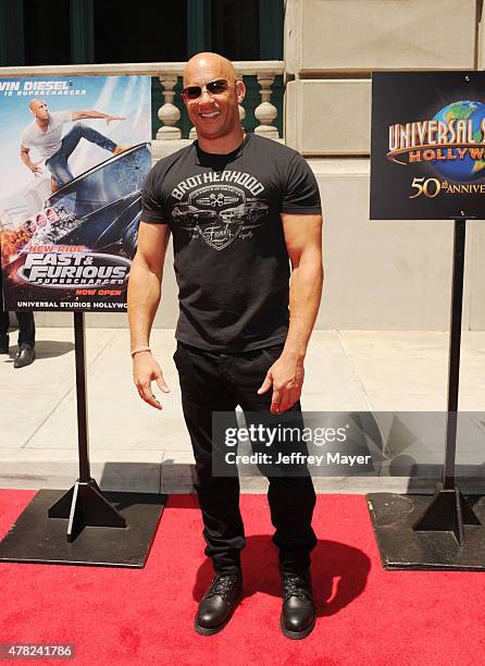 Actor Vin Diesel attends the 'Fast & Furious - Supercharged' ride premiere at Universal Studios Hollywood on June 23, 2015 in Universal City,...