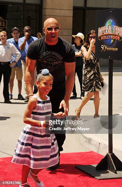Actor Vin Diesel and Shayla Gibson attend the 'Fast & Furious - Supercharged' ride premiere at Universal Studios Hollywood on June 23, 2015 in...