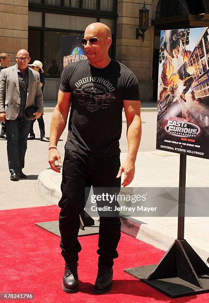 Actor Vin Diesel attends the 'Fast & Furious - Supercharged' ride premiere at Universal Studios Hollywood on June 23, 2015 in Universal City,...