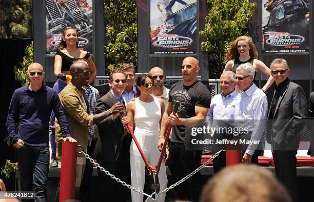 Actors Tyrese Gibson, Michelle Rodriguez, Jason Statham, Vin Diesel and NBCUniversal Vice Chairman Ron Meyer attend the 'Fast & Furious -...