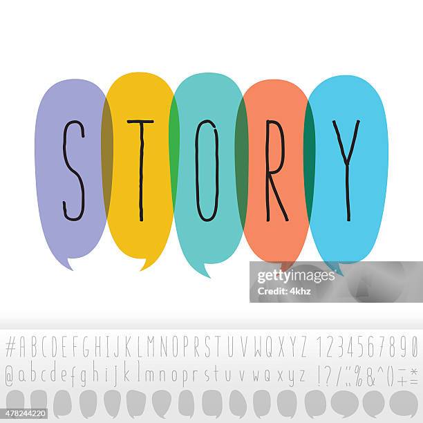 illustrazioni stock, clip art, cartoni animati e icone di tendenza di testo di storia di discorso bolle con alfabeto set di design - narrare storie