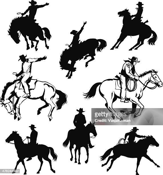ilustrações de stock, clip art, desenhos animados e ícones de cowboys e cavalos e silhuetas de desenhos - cavalo selvagem arqueado