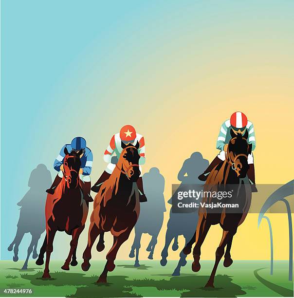 pferde-rennen um die bend – ansicht von vorne - horse racing stock-grafiken, -clipart, -cartoons und -symbole