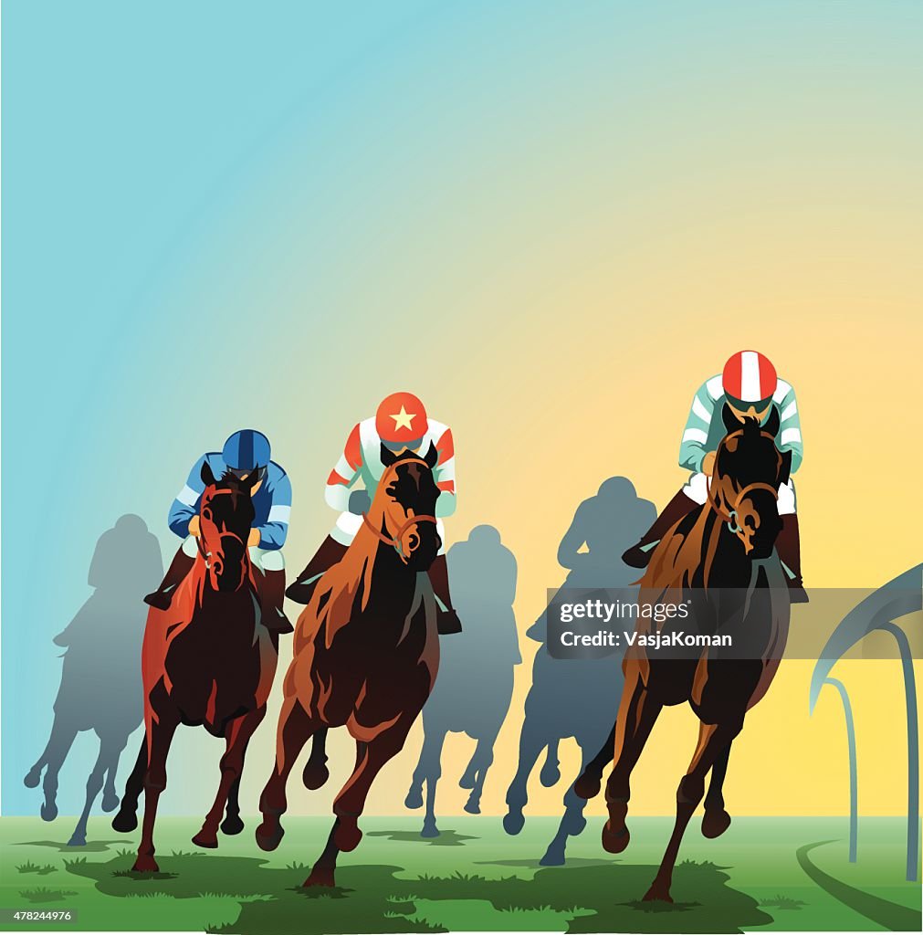 Horses Racing Around The Bend Front View High-Res Vector Graphic