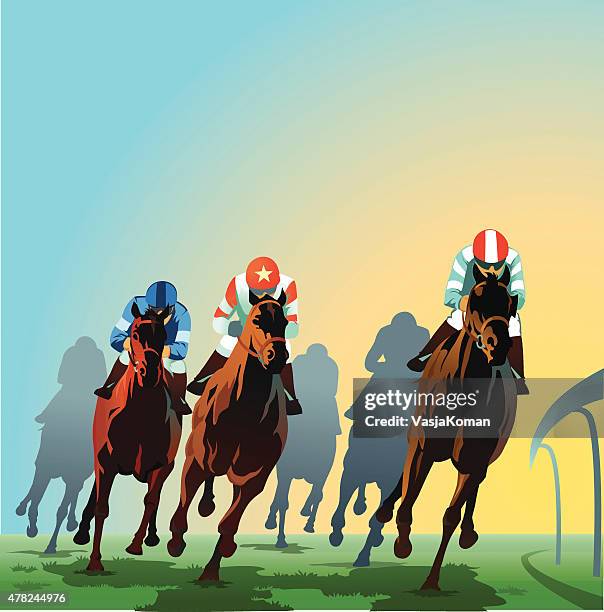 horses racing around the bend - front view - horse racing stock illustrations