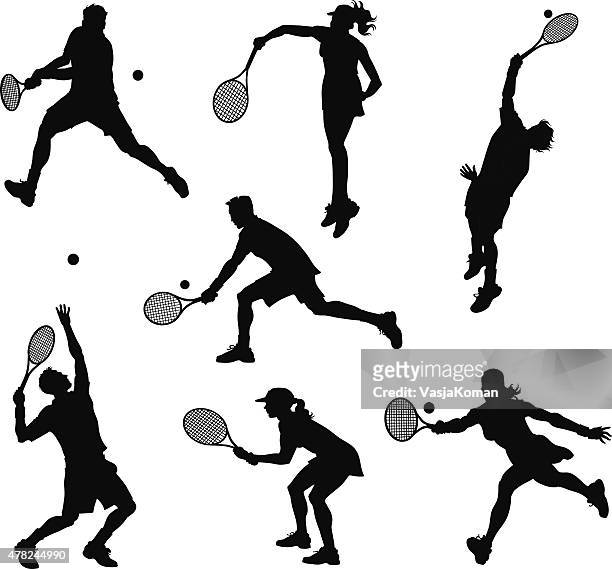 tennis spieler silhouetten - tennis stock-grafiken, -clipart, -cartoons und -symbole