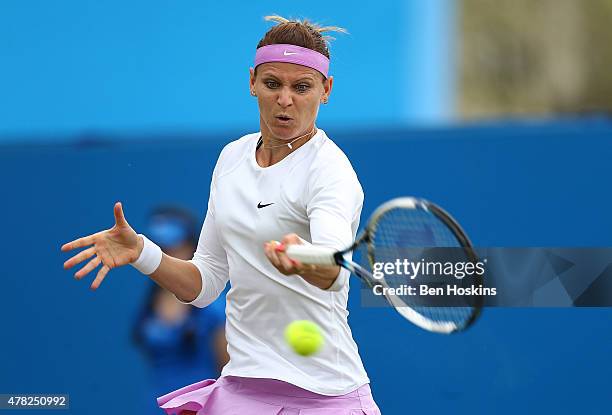 Lucie Safarova of The Czech Republic in action during her second round match against Dominika Cibulkova of Slovakia on day three of the Aegon...