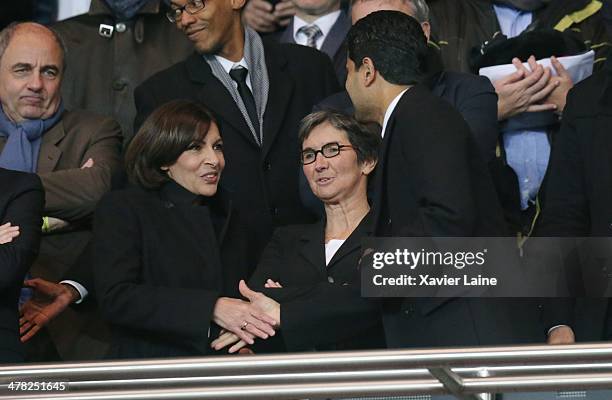 French politician Anne Hidalgo, French Ministor Valerie Fourneyron and President Nasser Al-Khelaifi attends the UEFA Champions League between Paris...