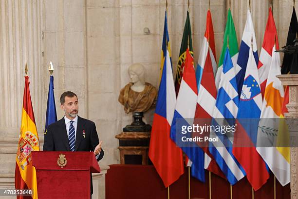 King Felipe VI of Spain attends the 30th Anniversary of Spain being part of European Communities at the Royal Palace on June 24, 2015 in Madrid, Spain