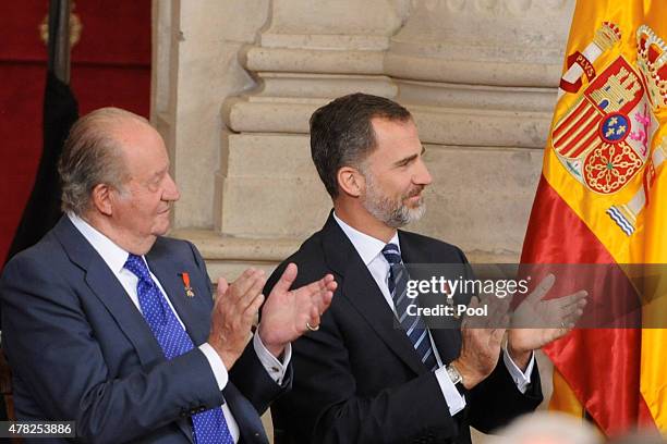 King Felipe VI of Spain and King Juan Carlos attend the 30th Anniversary of Spain being part of European Communities at the Royal Palace on June 24,...