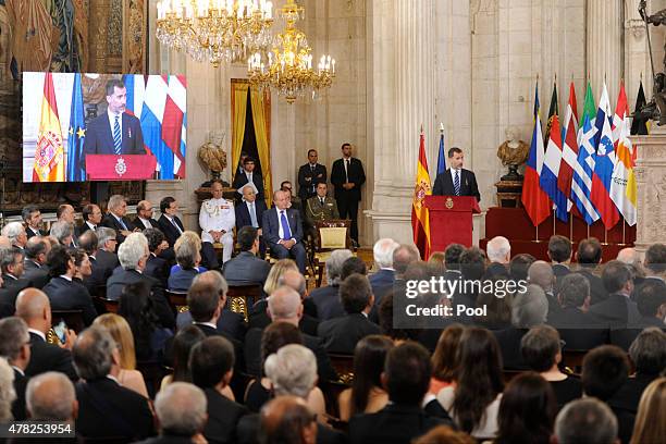 King Felipe VI of Spain and King Juan Carlos attend the 30th Anniversary of Spain being part of European Communities at the Royal Palace on June 24,...