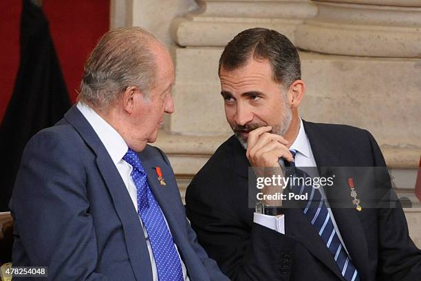 King Felipe VI of Spain and King Juan Carlos attend the 30th Anniversary of Spain being part of European Communities at the Royal Palace on June 24,...