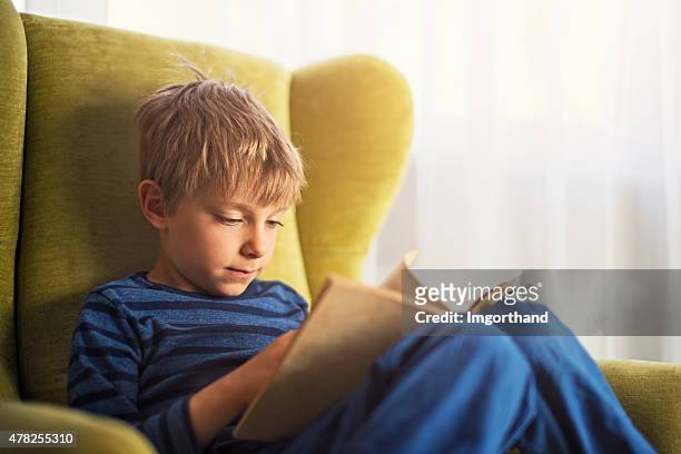 little boy reading a book in green armchair - lezen stockfoto's en -beelden