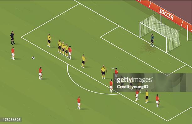 ilustraciones, imágenes clip art, dibujos animados e iconos de stock de isométricos freekick de fútbol - campo de fútbol